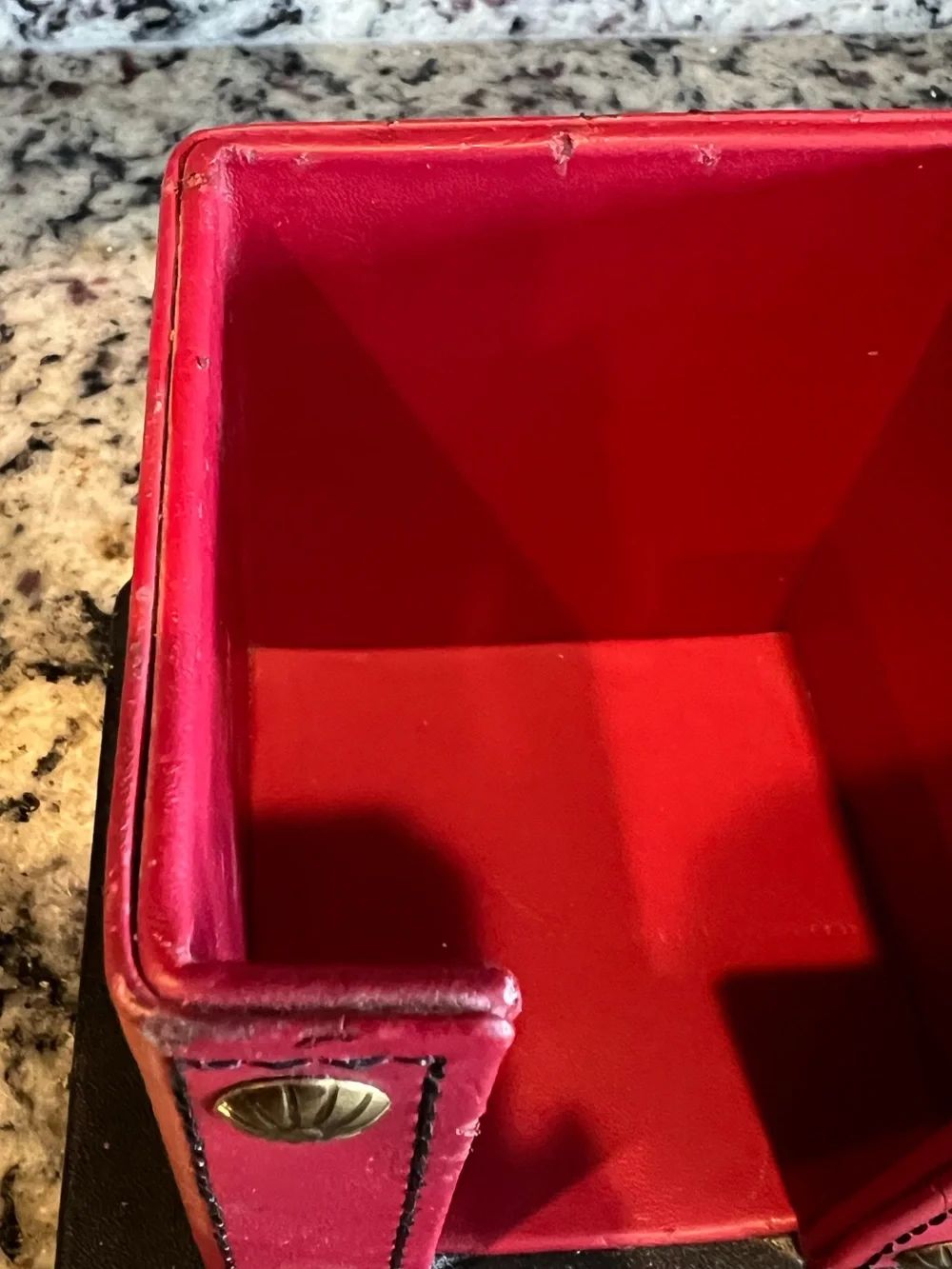 MacKenzie-Childs Vintage Red Leather & Enamel Notepad cube holder. With notepad.